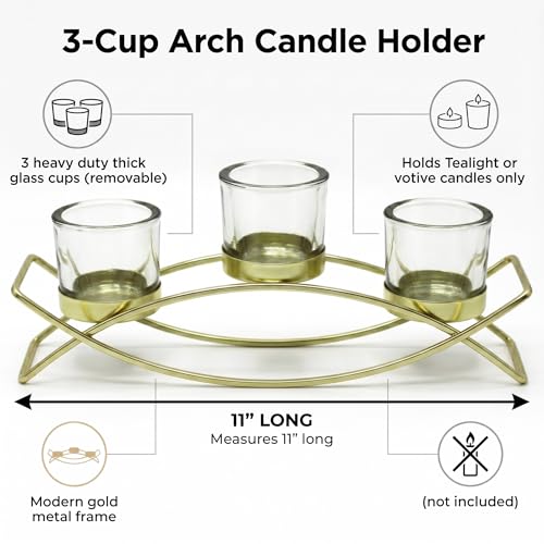 Iron Arch Table Centerpiece Decorations Long Candle Holder for Weddings, Patio, Kitchen, Dining Room, and Coffee Tables, Gold, Clear Chunky 3 Cups | Votive Candle Holders, Wrought Iron 3 Cup Candelabra, Long Modern Coffee Console Table, Clear Glass Cups,