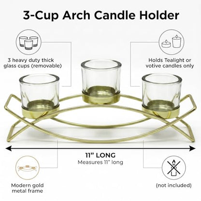 Iron Arch Table Centerpiece Decorations Long Candle Holder for Weddings, Patio, Kitchen, Dining Room, and Coffee Tables, Gold, Clear Chunky 3 Cups | Votive Candle Holders, Wrought Iron 3 Cup Candelabra, Long Modern Coffee Console Table, Clear Glass Cups,