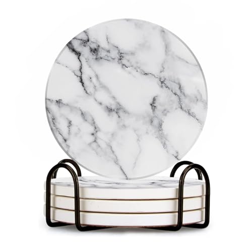 Ceramic Coasters Set of 4 with Holder Round Water Absorbent White Classic Marble Coasters Tabletop Protection,Wine Beer Bar Coasters,Home Decor，4 Inch - color: White Marble