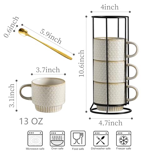 LYEOBOH Stackable Coffee Mugs, Coffee Cups, Mug Set of 4 with Spoons - 13 Oz Coffee Cup Set with Stand, Ceramic Coffee Mug - Farmhouse Kitchen, Beige - color: Beige