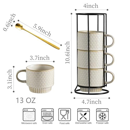 LYEOBOH Stackable Coffee Mugs, Coffee Cups, Mug Set of 4 with Spoons - 13 Oz Coffee Cup Set with Stand, Ceramic Coffee Mug - Farmhouse Kitchen, Beige - color: Beige