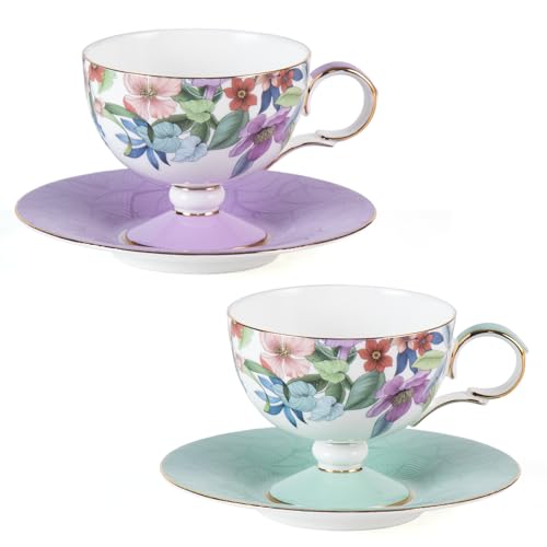 KAMMAK Tea Cups Set of 2,Ceramic Floral Pattern Demitasse Cup | Porcelain Espresso Cup with Saucer, 6.52 oz Handmade Elegant Bone China Tea Cups for Latte, Americano, Cappuccino - color: Lightly Dancing (Green + Purple)