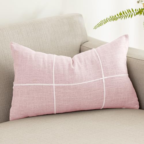 vctops Rustic Lattice Cotton Linen Decorative Throw Pillow Cover Embroidery Lumbar Cushion Cover Pillowcase for Sofa Bedroom Couch (Plaid Pink, 12"x20") - color: Plaid Pink, size: 12" x 20" (Pack of 1)