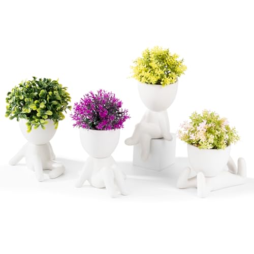 Zerzsy Set of 4 Small Artificial Succulent Plants with White Creative Human Shaped Pots, Fake Desk Plant Greenery Potted for Home Office Indoor Shelf Decoration - color: White-4pcs