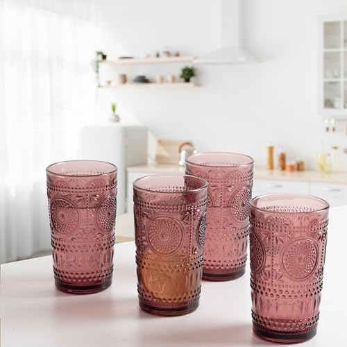Purple Drinking Glasses Vintage Glassware Set Ribbed Water Glass Cups | Embossed Sunflower Highball, 6 Pack, 16 oz Glassware Set, Housewarming Gifts