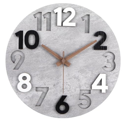 12-inch Silent Wall Clock, White-Gray | 3D Raised Numerals, Wooden Dial, Model: M-8845 - color: White-gray