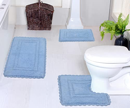 Home Weavers Casual Elegance Reversible Bathmat 100% Cotton Bathroom Rugs Set, Washable Rug, Extra Soft and Absorbent Bath Rug, Kitchen Mat, Bath Mat Set, Non Slip Mat, 3 Piece Set with Contour, Blue - color: Blue, size: 1'9" x 2'10" (Rectangle, Contour)