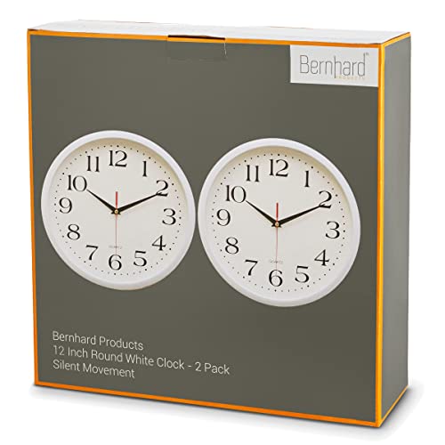 Bernhard Products White Wall Clocks, 2 Pack Silent Non Ticking - 12 Inch Quality Quartz Battery Operated Round Easy to Read Home/Office/Classroom/Business/Kitchen/School Clock - color: White, size: 12 Inch - 2 Clocks
