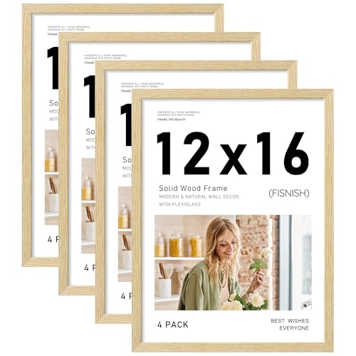 12x16 Picture Frame Set of 4, Natural Solid Wood Frames, Wall Mount | Display 12x16 Photos without Mat, Horizontal or Vertical, Oak Wood Grain - color: Natural, size: 12x16