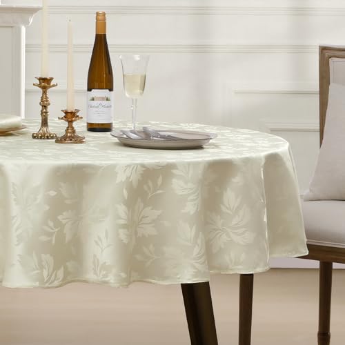 Romanstile Jacquard Round Tablecloth - Waterproof Damask Floral Pattern Decorative Table Cloth Heavy Weight Fabric Table Covers for Dinner, Parties, Outdoor - 70 Inch, Ivory - color: Flower - Ivory, size: 70" (Round)