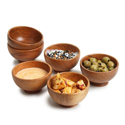 Set of 6 Acacia wood small bowls, 4 fl oz 3.2 * 2 inches | Hand carved small dipping bowls for sauce, salsa. Little bowls for ingredient prep, spices | Charcuterie boards accessories