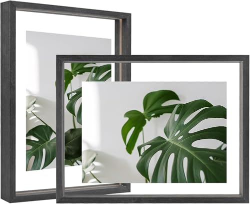 Egofine 9x12 Floating Frames Set of 2, Double Plexiglass Picture Frame, Made of Solid Wood Display Any Size Photo up to 9x12, Wall Mount or Tabletop Standing, Faded Black - color: Faded Black, size: 9x12