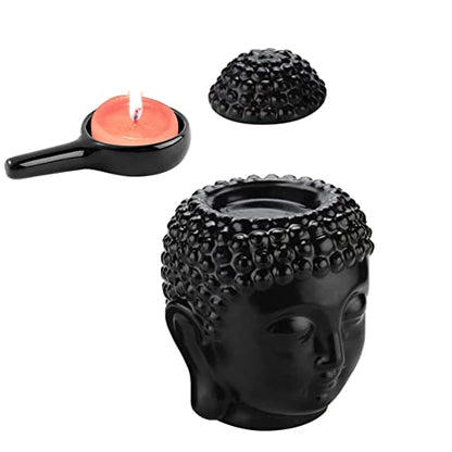 Ceramic Buddha Head Essential Oil Burner with Candle Spoon for Yoga Spa Bedroom Home Decoration, Aromatherapy Wax Melt Burners Oil Diffuser Tealight Candle Holder (Black)