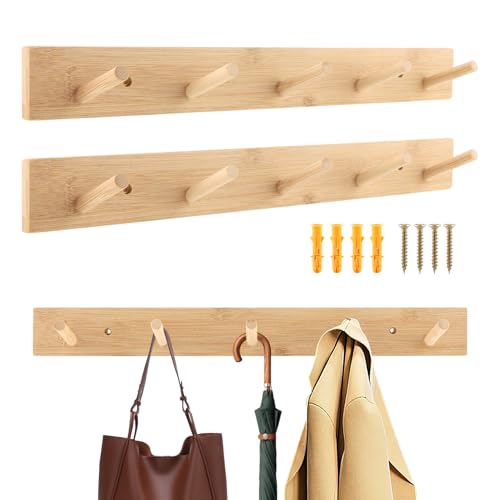 2-Pack 15" Heavy Duty Wooden Coat Rack, Wall Mount with 5 Hooks | Natural bamboo. 5 hooks for coats, hats, bags & towels. For entryway, bedroom & doors. Holds 20lb. Hardware included.