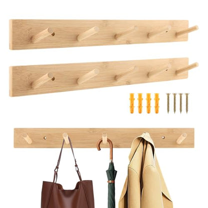 2-Pack 15" Heavy Duty Wooden Coat Rack, Wall Mount with 5 Hooks | Natural bamboo. 5 hooks for coats, hats, bags & towels. For entryway, bedroom & doors. Holds 20lb. Hardware included.