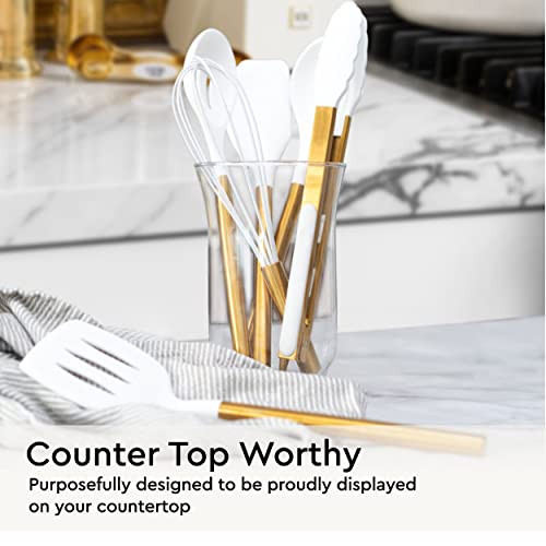Gold Kitchen Utensils Set – 6 PC White Silicone and Gold Cooking Utensils with Spatula, Whisk, Tongs, Spoons, Cooking Tools for Nonstick Cookware – Luxury Kitchen Accessories for Home Chefs | White Silicone and Gold Cooking Utensils with Spatula, Whisk, T