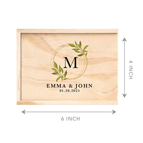 Koyal Wholesale Custom Monogram Willow Leaves Wreath Wedding Keepsake Box, 4 x 6 -inch, Custom Names, Date, Natural Wood - color: Monogram Willow Leaves Wreath