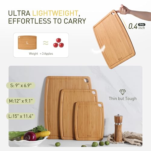 Lightweight Durable Bamboo Cutting Board Set with Non-Slip Feet, Wood Cutting Board for Busy Kitchen, Easy Clean Wooden Chopping Boards with Juice Groove Best House Warming Gift Set of 3 (S+M+L) - color: Carbonized Bamboo(Brown), size: Set of 3 (Small + M