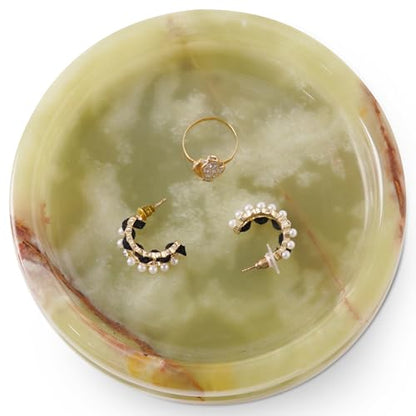 Marble Jewelry Dish, 5" Handmade Green Ring Tray | Handmade trinket holder for earrings, necklaces, keys & candles, Catchall for vanity, nightstand & gift for women - color: Green Onyx