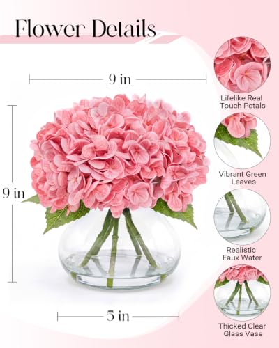 Hydrangea Artificial Flowers with Vase, Real Touch Latex, Pink | Lifelike Faux Water, Nearly Natural Leaves, Durable & Fade-Resistant, Home Office Table Centerpiece Decor - color: Pink