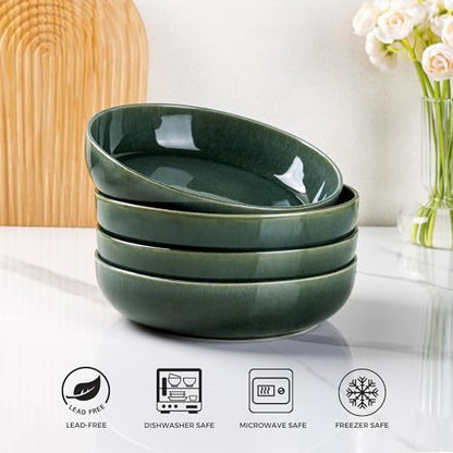 GBhome 8.75'' Large Ceramic Pasta Bowls, 38oz Stoneware Pasta Serving Bowls Set of 4 for Kitchen, Wide Bowls for Fruit,Pasta,Salad,Oatmeal,Meal, Microwave Safe, Reactive Glaze-Earth Green - color: Earth Green