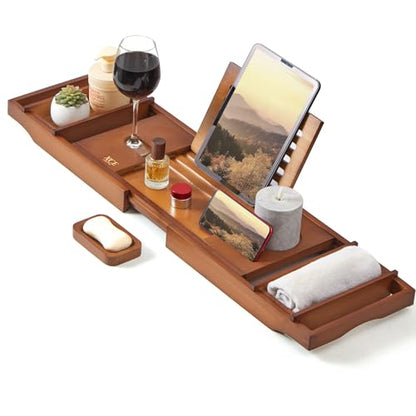 Bamboo Bathtub Caddy Tray with Book Stand & Soap Holder, Brown | Expandable to 41 Inches & Anti-Slip Pads for Luxury Bath Spa - color: Brown