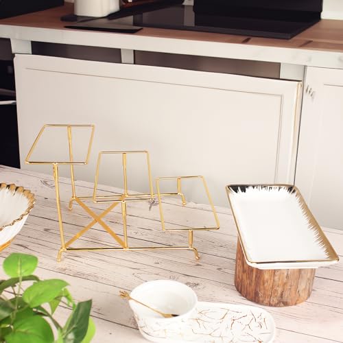 Three-Tier Ceramic Plate Rack - Foldable Gold Plate Rack with Three Large 11.4-inch White Plates for displaying Food, Fruit, Desserts, and Entertaining Guests. - color: 3-tier 11.4 Inch Serving Rack