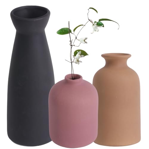 Ceramic Vase Set of 3, Rustic Modern Brown Vases for Bouquet, Fresh or Dried Plants, Home Decor-Modern Decorative Ceramic Flowers Vase for Rustic Home Decor (Black-Pink) - color: Black-pink
