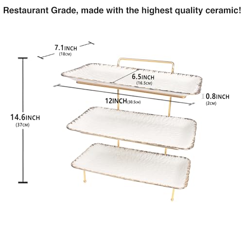 3-Tier Serving Rack with Ceramic Serving Tray, Foldable Gold Stand with 3 Pieces 12 Inch Gold Rim Large Plates for Food Display, Fruit, Dessert Server Display and Entertaining - color: 3-tier 12 Inch Serving Rack