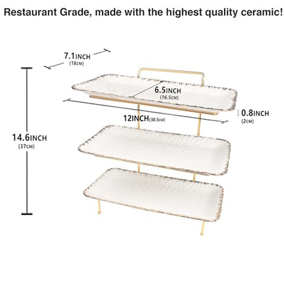 3-Tier Serving Rack with Ceramic Serving Tray, Foldable Gold Stand with 3 Pieces 12 Inch Gold Rim Large Plates for Food Display, Fruit, Dessert Server Display and Entertaining - color: 3-tier 12 Inch Serving Rack