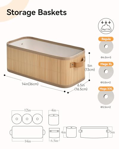 Narrow Storage Bins, Small Basket for Closet and Shelves, Bamboo Toilet Paper Storage Organizer with Handles for Countertop-Bathroom-Home Decor, 2-Pack