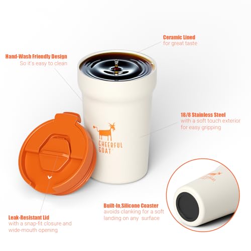 CHEERFUL GOAT Ceramic Lined Coffee Travel Mug – Stainless Steel Travel Coffee Tumbler with Ceramic Liner, with lid, 12oz Coffee Cup for Hot and Cold Water Coffee at Home, Office, or On the Go (white) - color: White