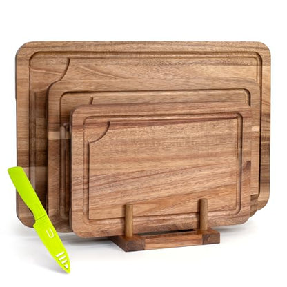 WILLKOMMEN Acacia Wood Cutting Board Set for Kitchen, 3-Piece Chopping Boards with Stand & Juice Groove & Handles, Heavy Duty Wooden Butcher Block for Meat, Vegetables (Small, Medium, Large) - color: Acacia Wood Set of 3
