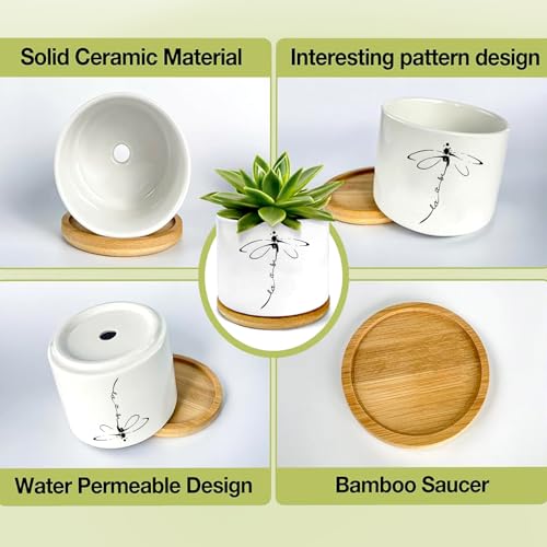 1Pcs Dragonfly Succulent Pots with Drainage and Bamboo Tray, Ceramic Pot | 3 Inch Small Planters for Plants,Cactus,Decoration for Office Home,Garden,Windowsill,Gifts for Women Mom (No Plants Included) - style: Dragonfly