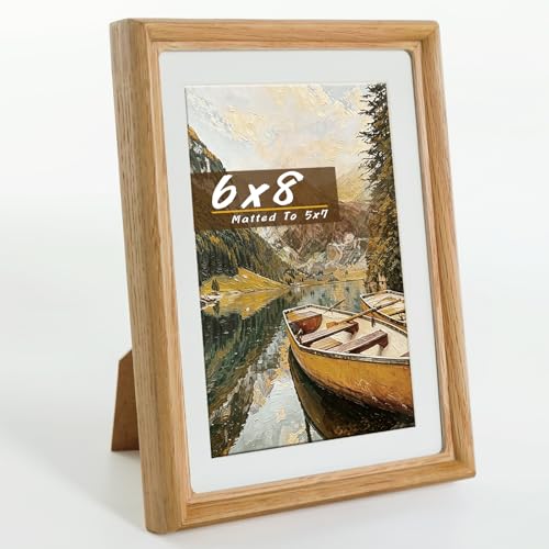 Handmade Solid Oak Wood 6x8 Picture Frame with Real Glass, Photo Frame with Mat Fits 5x7 Photo, Tabletop & Wall Mount Display for Home Decor & Festival Gift - color: Oak, size: 6×8