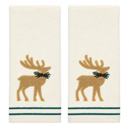 Christmas Bathroom Hand Towels- Set of 2 Beige Ivory 100% Cotton Embroidered Burlap Holiday Deer with Festive Decor and Stitched Hem Design - 16” x 25” Decorative Bath & Kitchen Towels - color: Burlap Deer