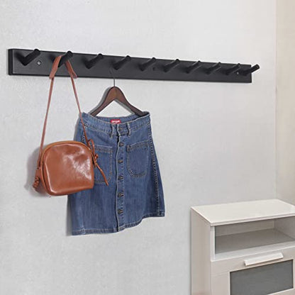 SKOLOO Wall Mounted Coat Rack 38", 10 Hooks, Bamboo, Shaker Style, Black | Wood wall hooks, painted finish, 100-lb cap, entry/bath/bed, hanging backpack coat towel hat, long pegs, 16" stud spacing - color: Black, size: 38 inch