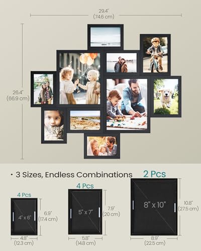 SONGMICS Picture Frames, Collage Photo Frames Set of 10, Two 8x10, Four 5x7, Four 4x6, Wall Gallery Display, Tool-Free Assembly, Ink Black URPF100BZ01 | Two 8 x 10 Inches (20 x 25 cm), Four 5 x 7 Inches (13 x 18 cm), Four 4 x 6 Inches (10 x 15 cm), KAVI C