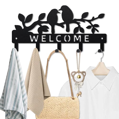MAYJOYDIY Tree Branch Bird Metal Key Hook Welcome Text Coat Rack Wall Mounted 9.8×4.7inch Leafy Plant Bird Black Art Key Holder with 5 Hooks for Coats Hats Towels Bags Hanging - style: Tree Branch Bird