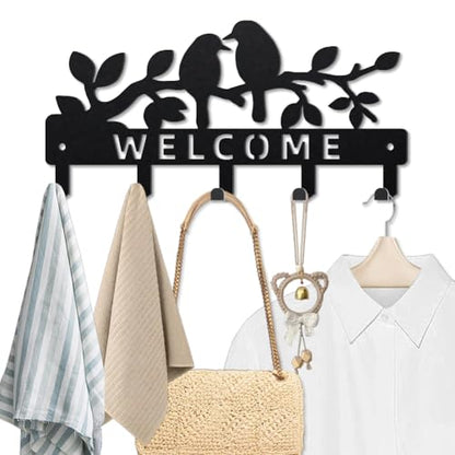 MAYJOYDIY Tree Branch Bird Metal Key Hook Welcome Text Coat Rack Wall Mounted 9.8×4.7inch Leafy Plant Bird Black Art Key Holder with 5 Hooks for Coats Hats Towels Bags Hanging - style: Tree Branch Bird
