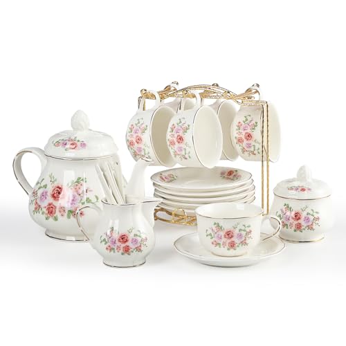 Sweejar 23 Pcs Floral Tea Sets with Metal Holder, Relief Gold Rim Porcelain Tea Sets for Adults, Cup and Saucer Set for 6, with Teapot, Sugar Bowl, Milk Jug, Spoons (Rose Flower) - color: Rose Flower