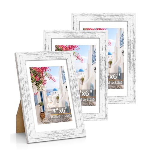 4x6 Picture Frames Set of 3 Vintage White Photo Frame Wall Table Display | Sturdy MDF 4x6 frames with mat clear plexiglass Hangs on wall stands on table family pics weddings diplomas home or office - color: Vintage White, size: 4x6