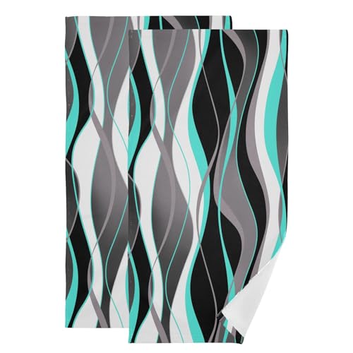 Turquoise Black and Grey Striped Hand Towels for Bathroom Set of 2,Absorbent White Gray Modern Abstract Art Kitchen Towels 14"x28",Decorative Bathroom Towels for Bath,Face,Guest,Hair,Shower - color: Turquoise Black