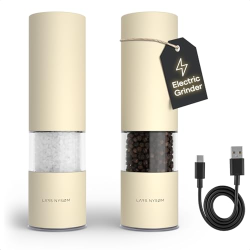 LARS NYSØM Electric Salt and Pepper Grinder Set I Automatic Salt and Pepper Mills with Adjustable Ceramic Grinder I USB Rechargeable Electric Spice Mill Set with LED Light (Almond Beige) - color: Almond Beige, size: Set of two electric mills