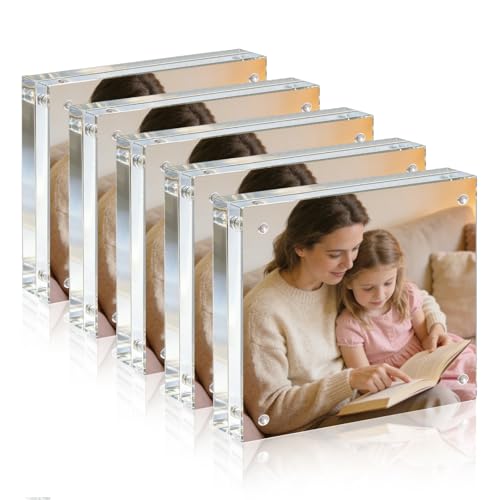Acrylic Frame, 4x4 Picture Frame 5 Pack, 20MM Thicker Block, Double Sided Magnetic Clear Freestanding Photo Frame for Desk or Tabletop Display - size: 4x4" 5pack
