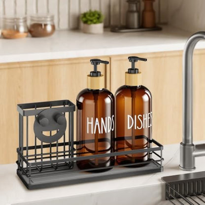 Moforoco Kitchen Dish Soap Dispenser Set, 16OZ Glass Bottle, Hand and Dish Soap Dispenser Set, Instant Dry Tray, Brush Holder with Smiley Face Sponge Holder (Black Tray+Amber Bottle) - color: Black Tray+amber Bottle