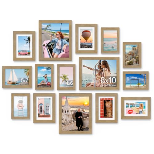 decorUhome 15 Pack Assorted Picture Frame Set for Wall & Tabletop, PF15LBN | Light Brown, Includes Three 8x10 / Six 5x7 / Six 4x6 Multi Size, MDF Frame with Plexiglass Cover - color: Light Brown