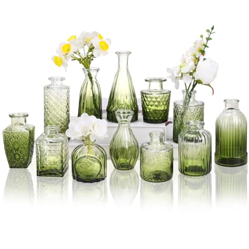 CUCUMI 12pcs Bud Vases for Centerpieces, Green Glass Vase Set | Small Vintage Vases for Centerpieces, Decorative Flower Vases for Wedding Home Table Decor - color: Green, size: 12pcs