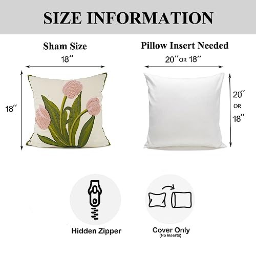 YOUR SMILE Pack of 2 Embroidered Decorative Throw Pillow Cover 18x18 Inch Farmhouse Floral Floor Pillowcase for Couch Living Room Sofa Bed,Pink Tulip