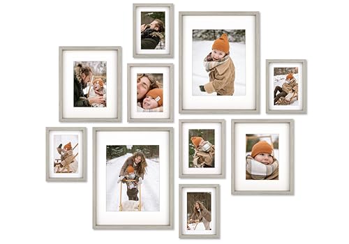 10 Piece Shadow Box Style Gallery Wall Frame Set – Deep Photo Frame Set with Mat for 8x10, 5x7 and 4x6 - Multiple Sizes Picture Frame Set for Wall Collage – Assorted Picture Frames for Wall (Gray) - color: Gray, size: Gallery Wall "Stamp"
